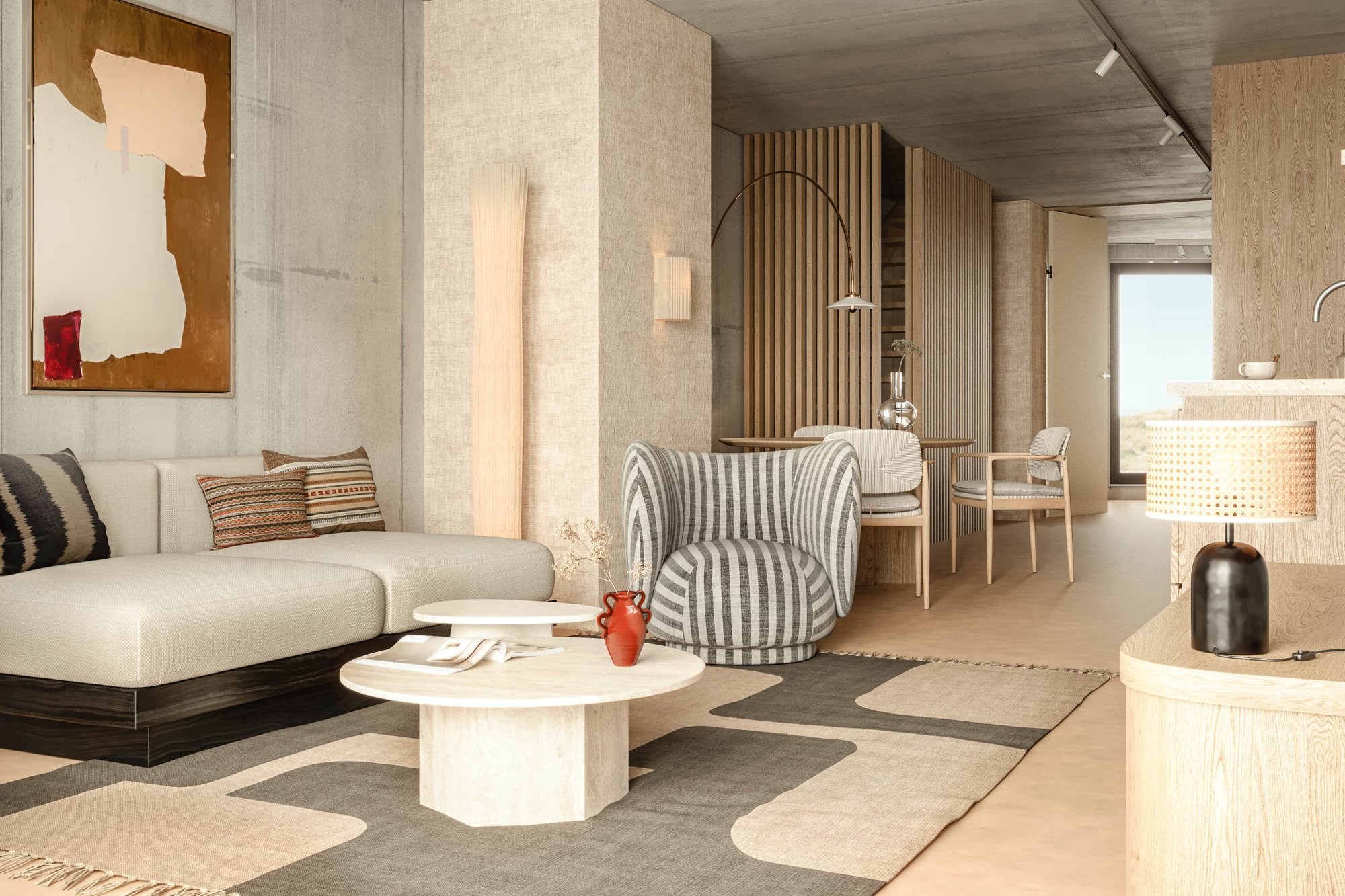 Modern appartement bij Elements Terschelling met ruime zithoek, designmeubilair, natuurlijke materialen en warme kleuren. Zicht op open indeling met eethoek en doorkijk naar terras.