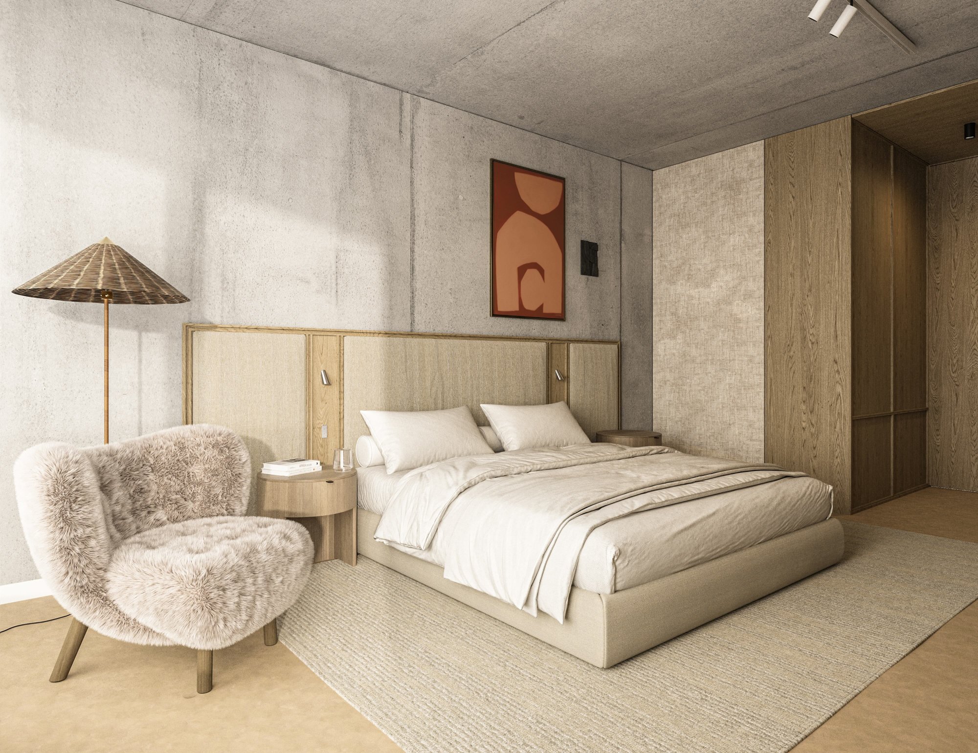 Luxe slaapkamer in natuurtinten bij Elements Terschelling met warm houten accenten, kunst aan de muur en zachte stoffen voor een serene sfee.