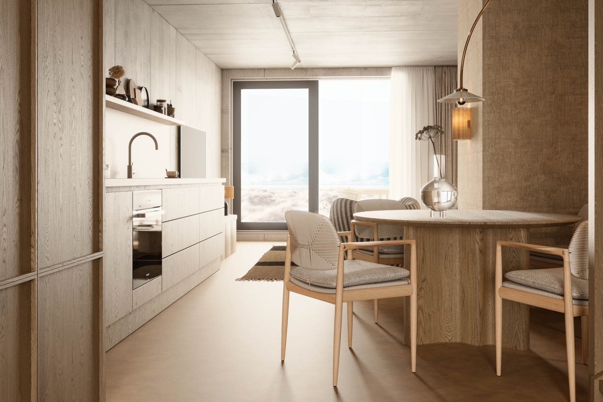 Moderne keuken en eethoek in luxe appartement bij Elements Terschelling, met warme natuurlijke materialen, strakke afwerking en uitzicht op de duinen.
