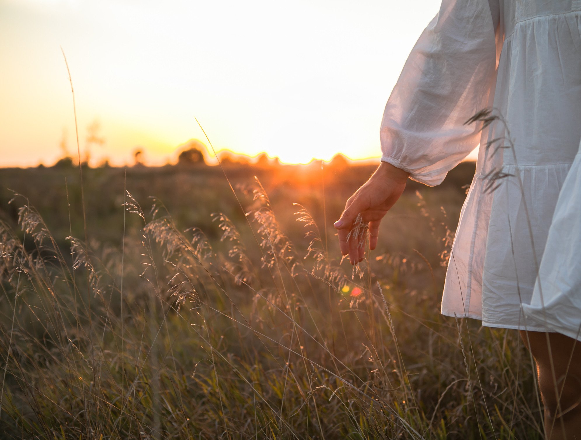 Luxe vakantie bij Dutchen in een natuurlijke omgeving. Vrouw in witte jurk laat haar hand door hoog gras glijden, met de laagstaande zon achter de horizon.