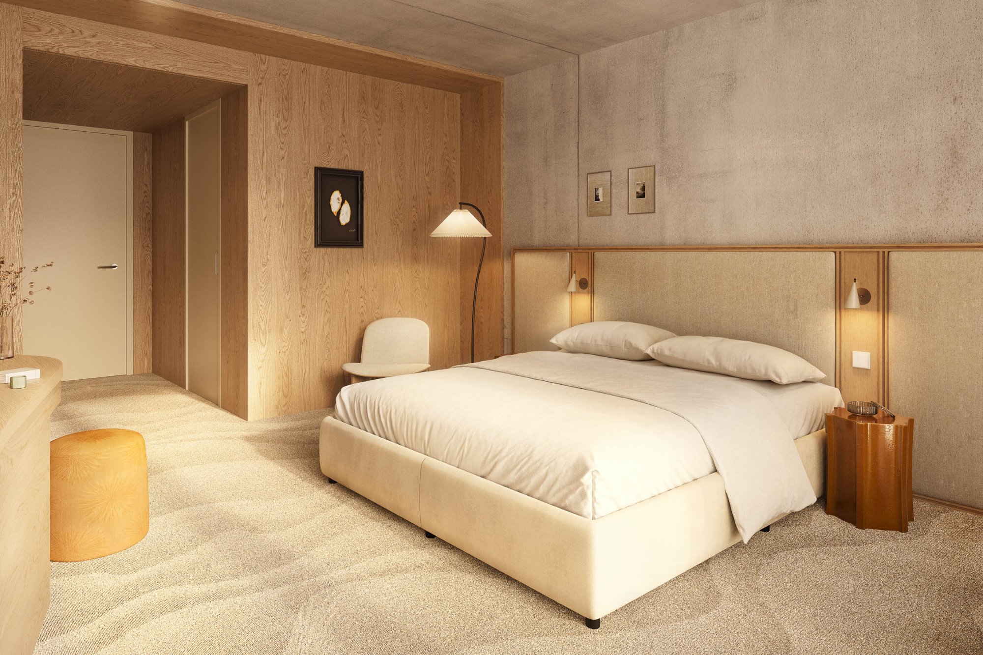 Luxe hotelkamer bij Elements Terschelling met kingsize bed, warme natuurlijke materialen, minimalistisch design en rustgevende sfeer.