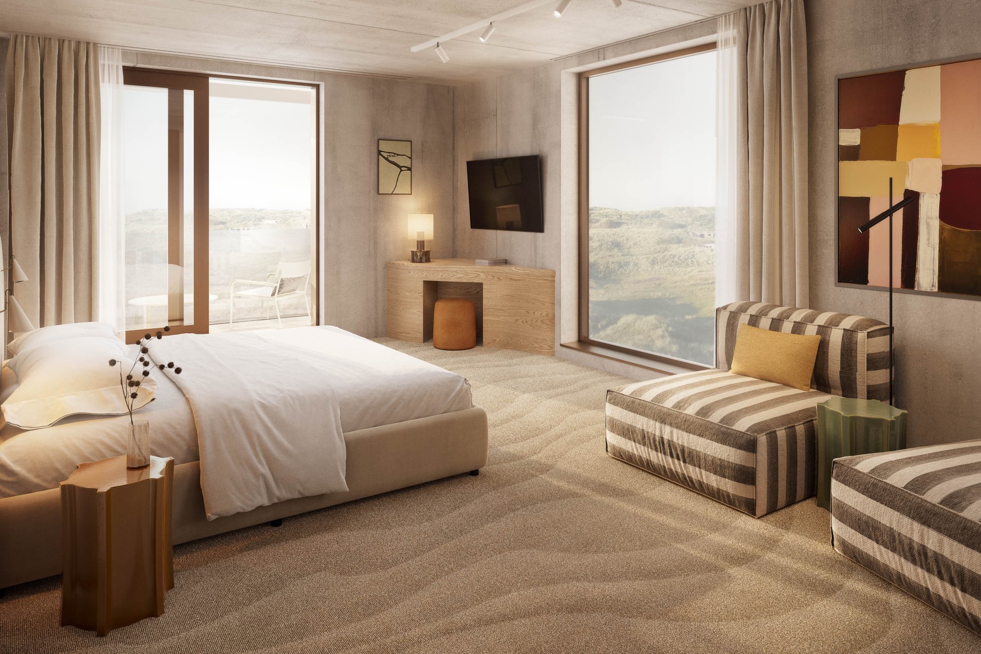 Stijlvol ingerichte hotelkamer bij Elements Terschelling met comfortabel tweepersoonsbed, warme zandtinten, moderne kunst en panoramisch uitzicht op de duinen vanaf het privéterras.