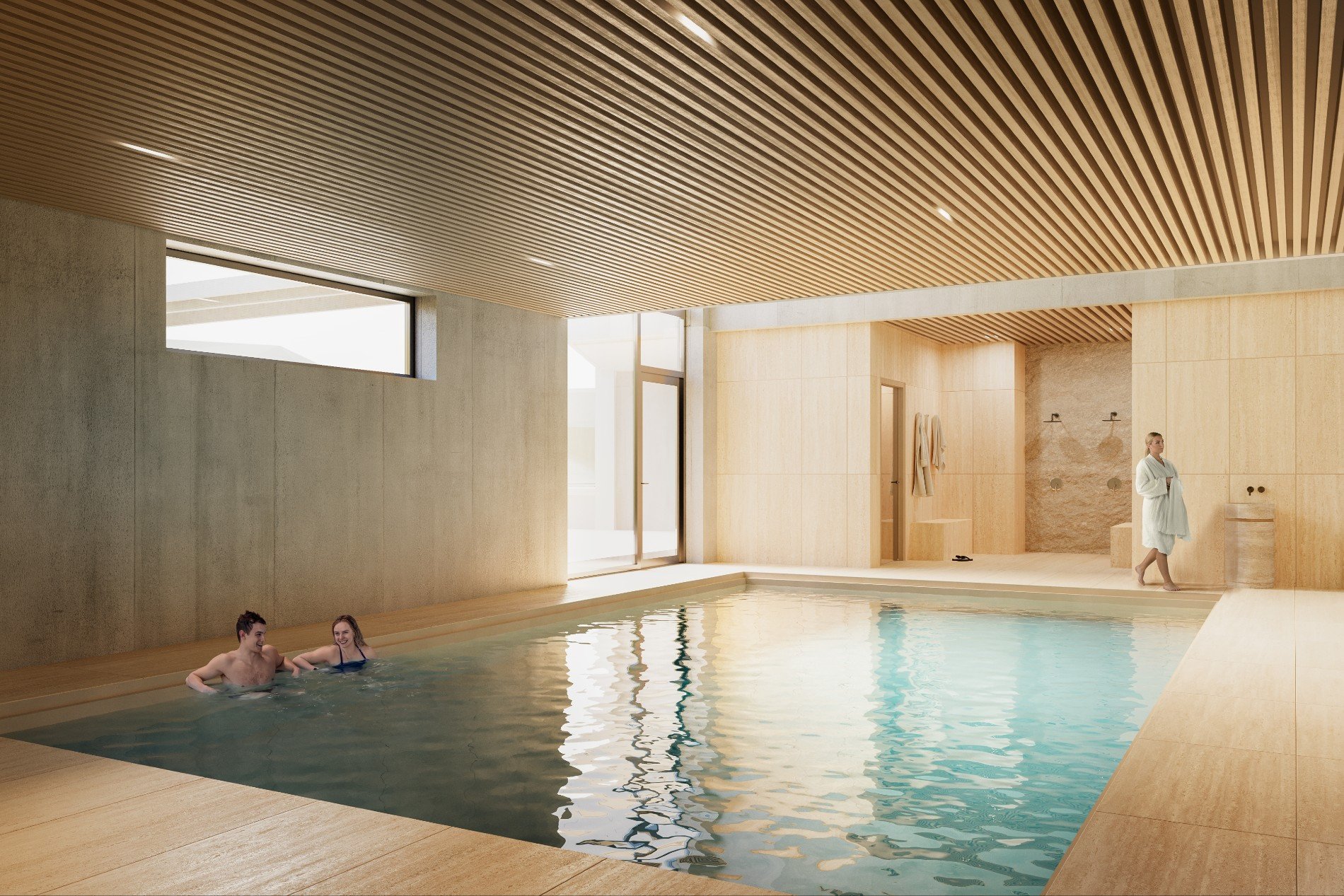 Wellnessruimte van Elements Terschelling met verwarmd binnenzwembad, houten plafond, natuurlijke materialen en ontspannen sfeer. Gasten genieten van rust en comfort in een luxe spa-omgeving.