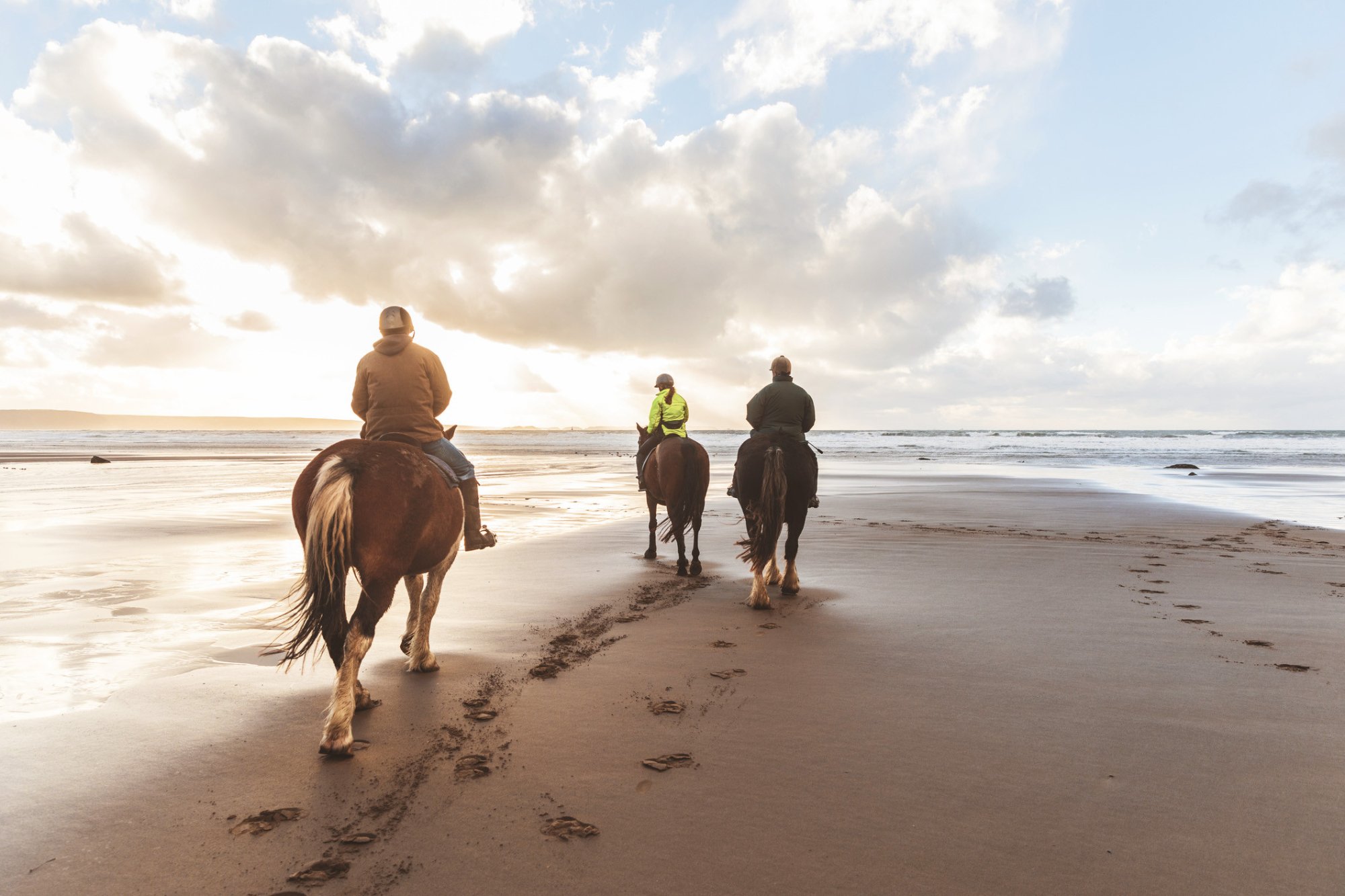 Paardrijden op het strand van Terschelling tijdens zonsondergang – drie ruiters maken een ontspannen strandrit met uitzicht op zee, een populaire activiteit op het Waddeneiland.