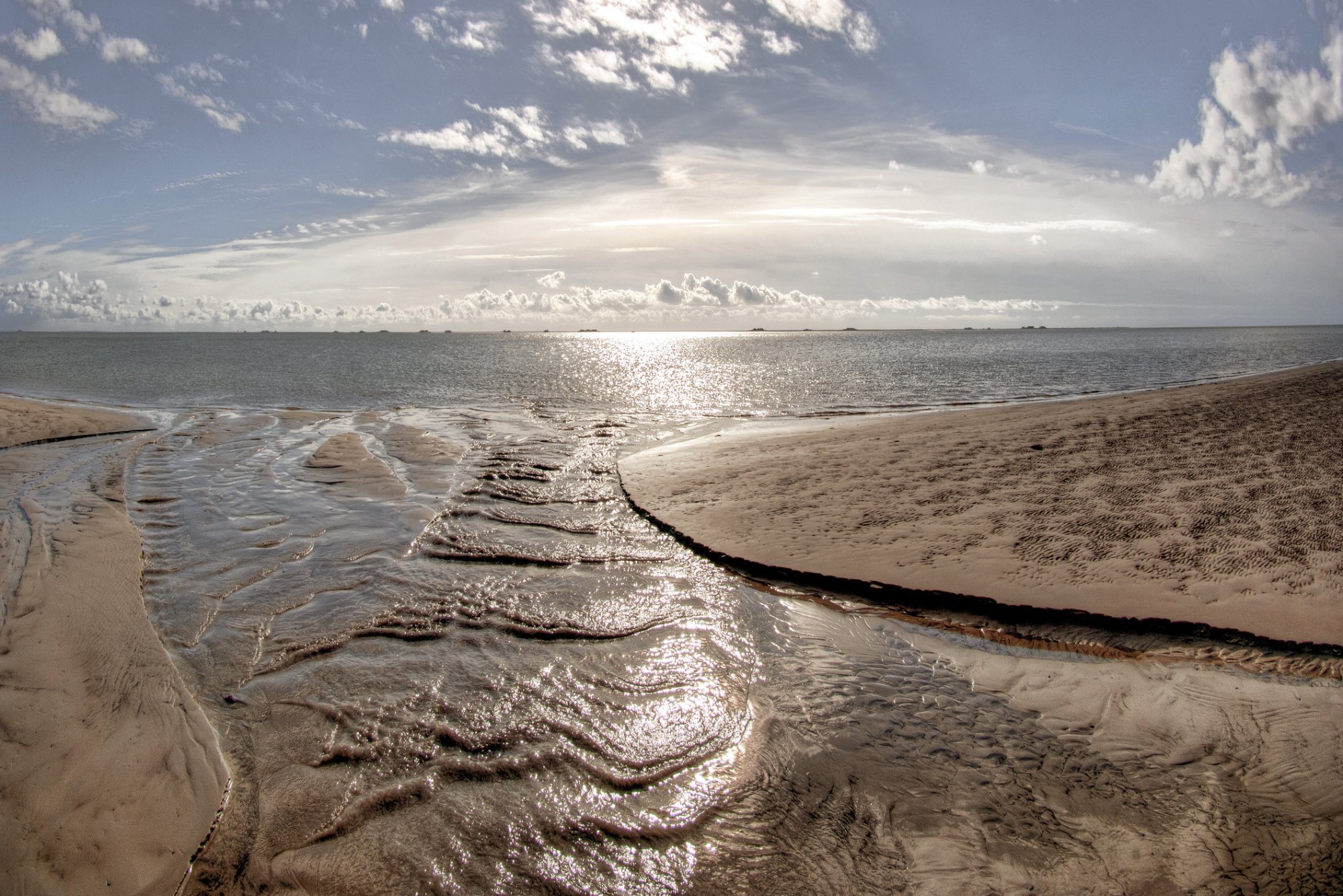 Uitzicht op de Waddenzee bij laag water, met zonlicht dat schittert op het natte zand en de slikken van Terschelling.