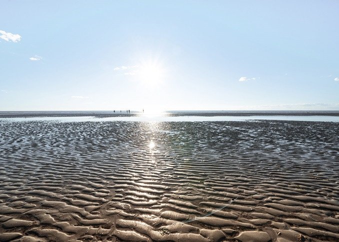 Zonovergoten wad bij laag water met mensen in de verte tijdens het wadlopen.
