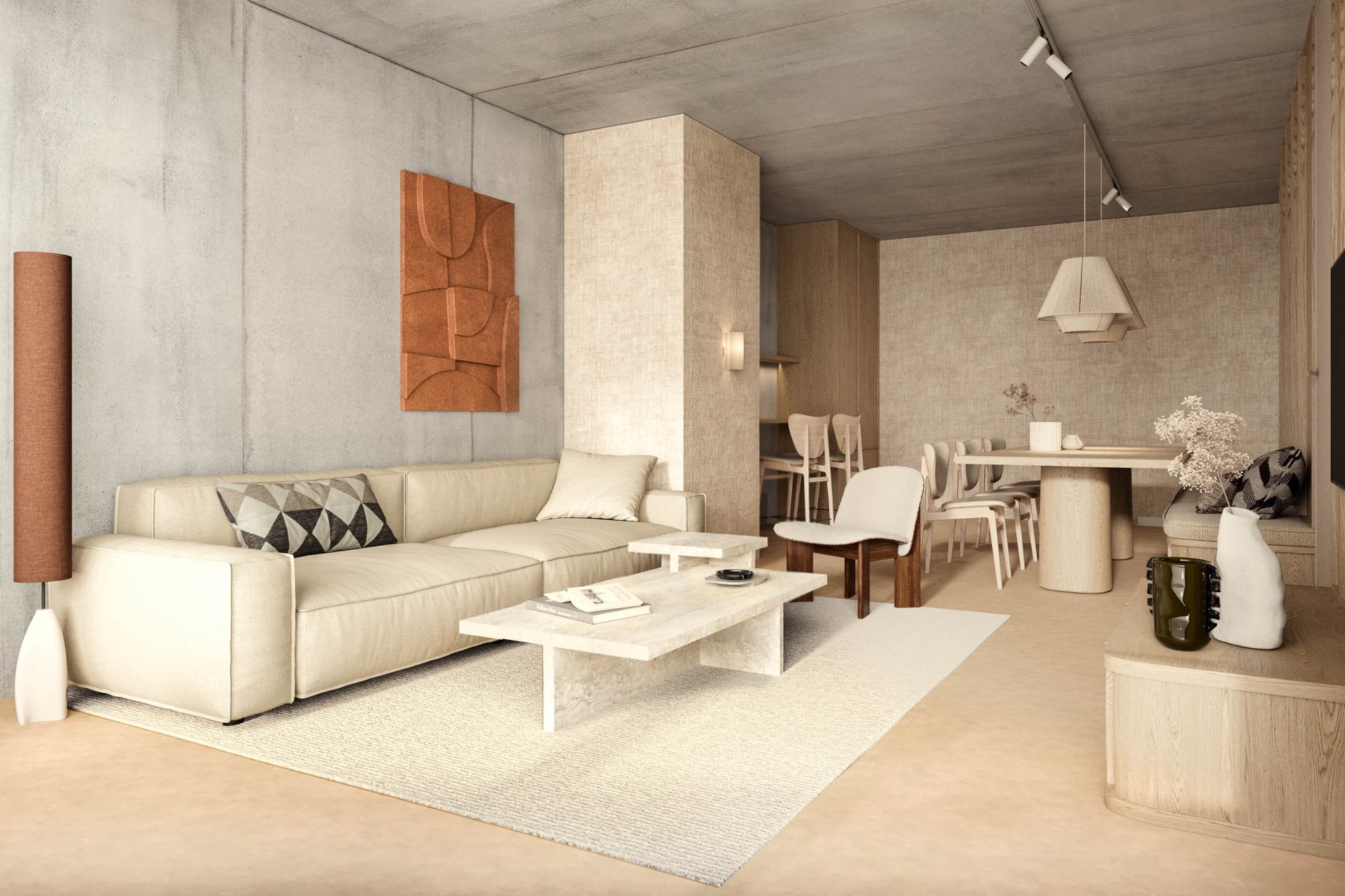 Luxe appartement bij Elements Terschelling met stijlvol ingerichte woonkamer en eethoek, warme aardetinten, designmeubels en een moderne, natuurlijke uitstraling.