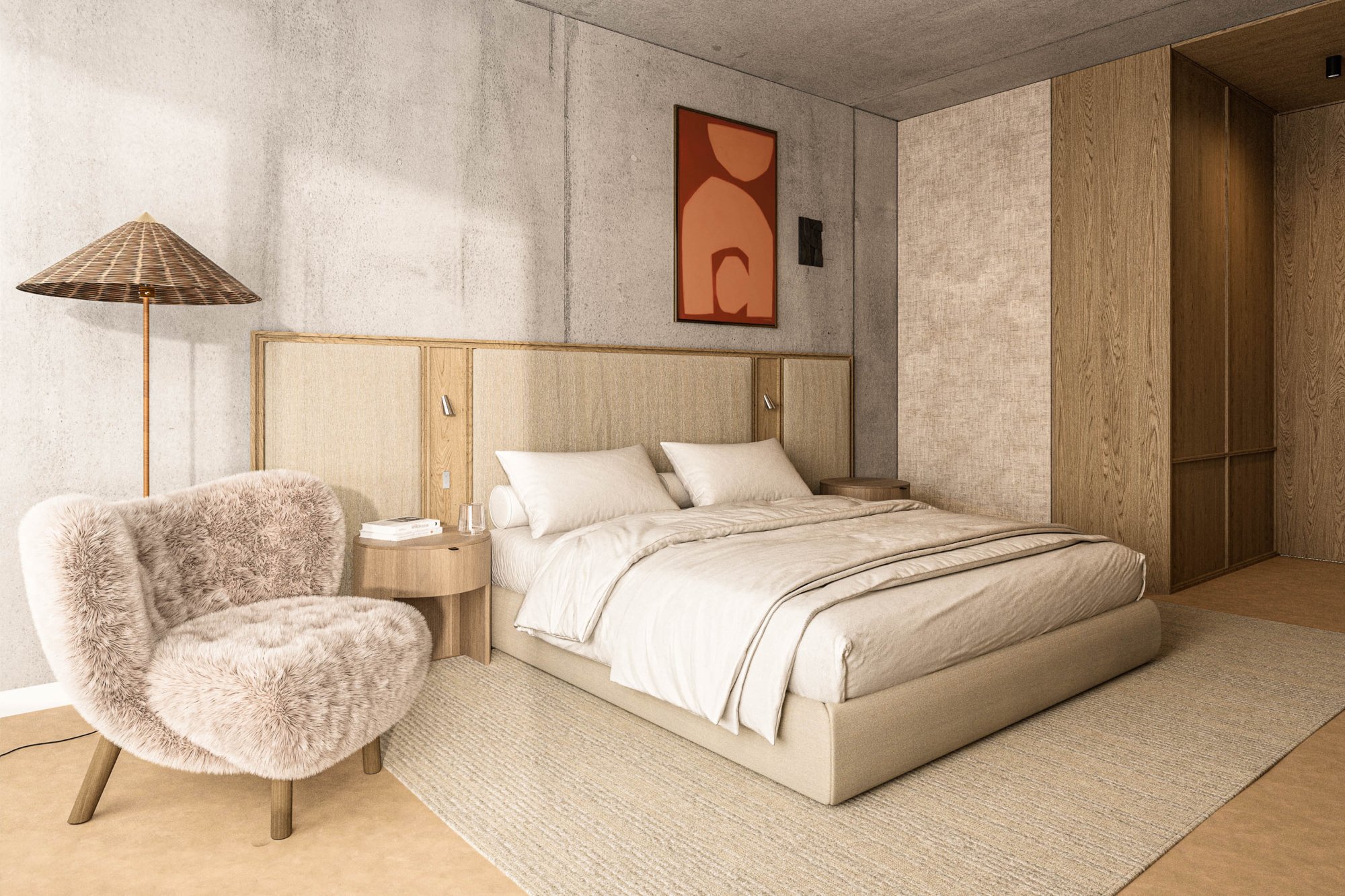 Sfeervolle slaapkamer in luxe appartement bij Elements Terschelling, met comfortabel tweepersoonsbed, zachte natuurlijke tinten en designmeubilair.