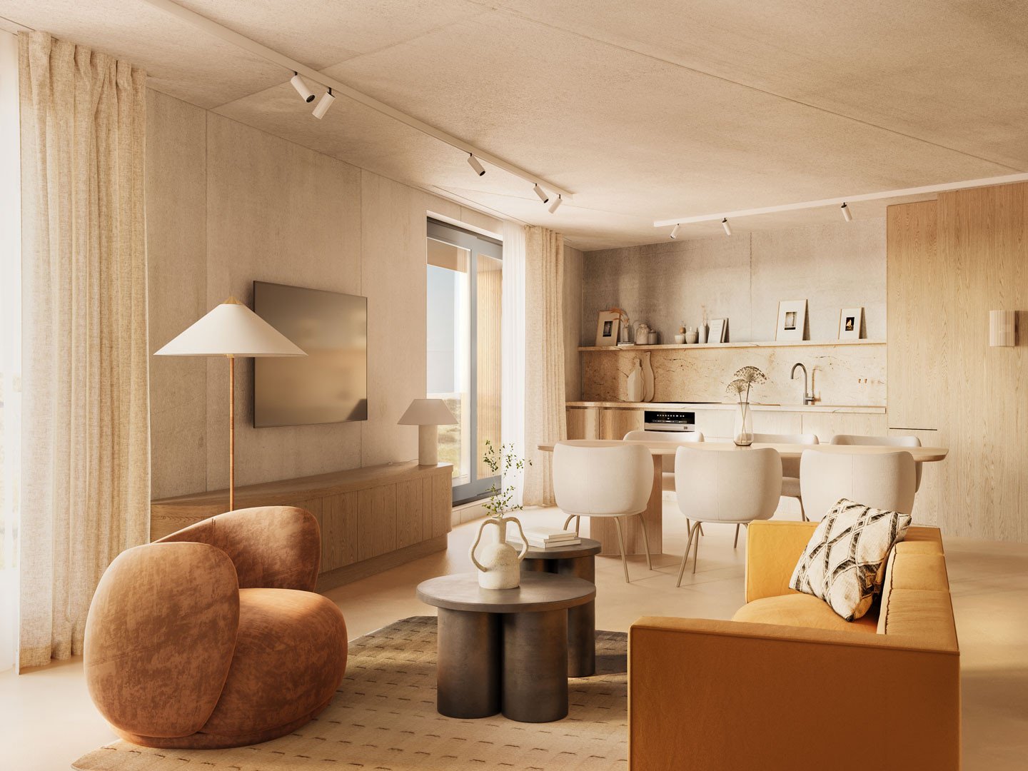 Vier vakantie in een luxe en licht hotelappartement bij Elements Terschelling met modern design, zithoek, eettafel en uitzicht op de duinen.