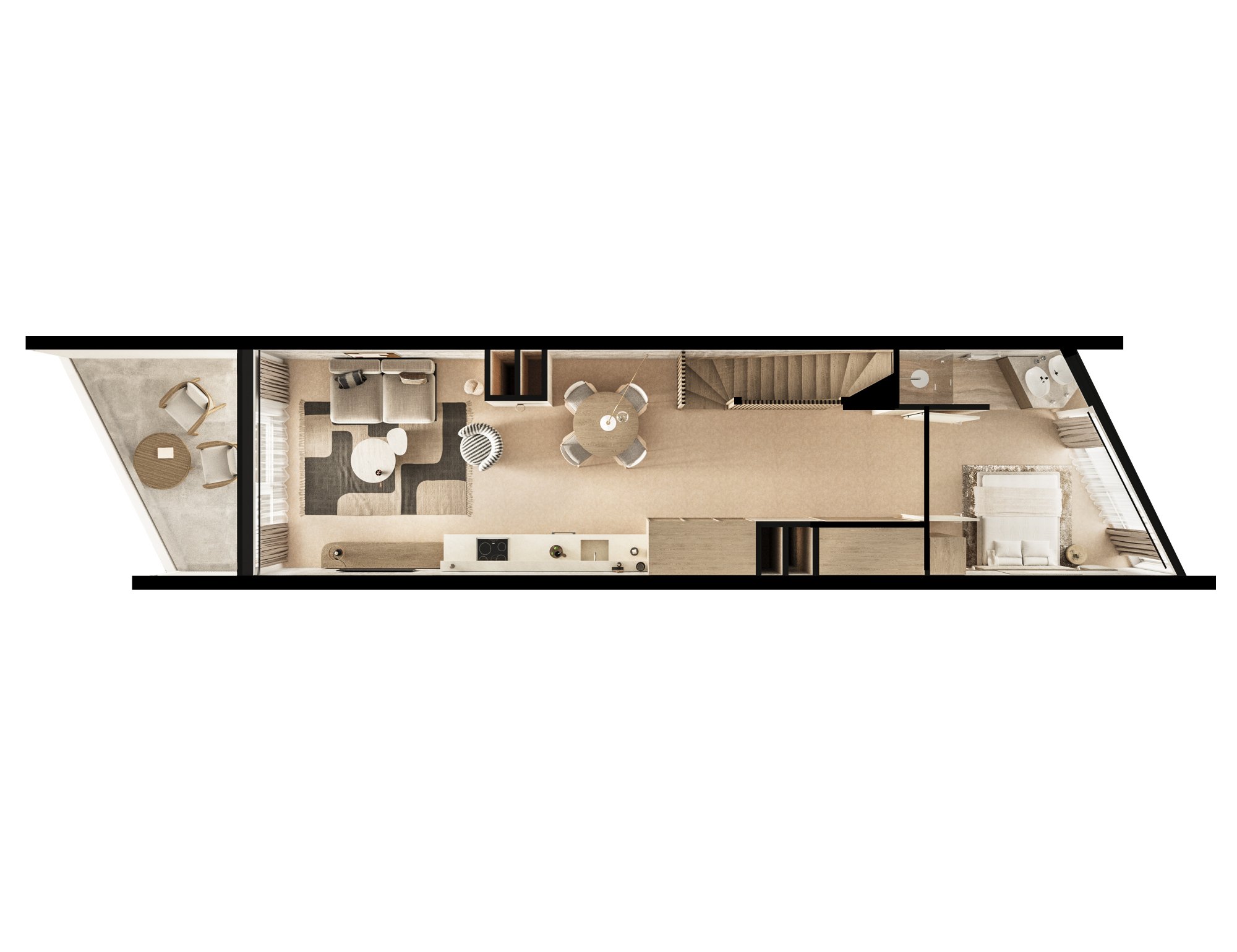 Plattegrond van souterrain appartement bij Elements Terschelling met woonkamer, keuken, slaapkamer, badkamer en terras in luxe afwerking.