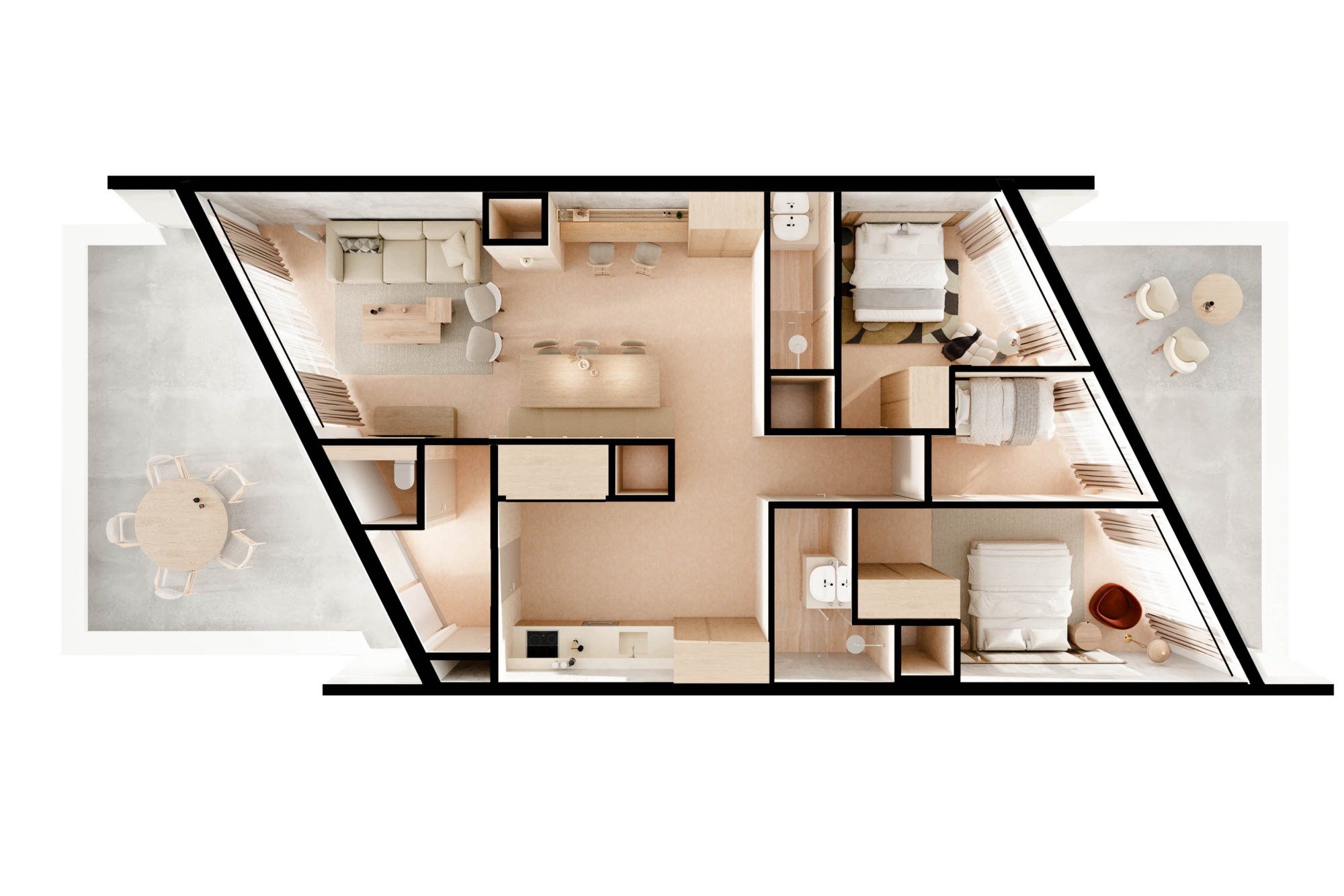 Plattegrond van een modern 4-persoons duplex appartement met twee slaapkamers, twee badkamers, een open keuken en twee terrassen.