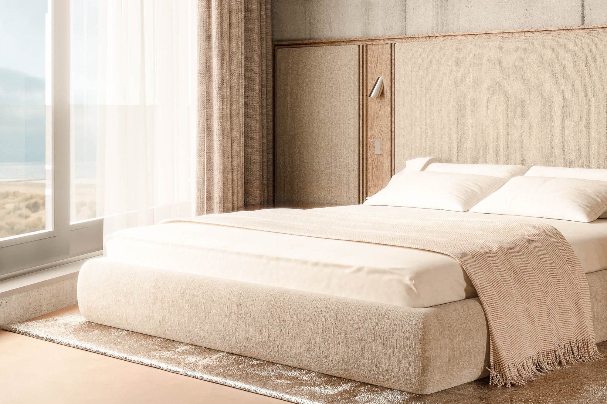 Luxe hotelkamer met comfortabel tweepersoonsbed, rustgevende neutrale tinten en uitzicht op de duinen door het grote raam.