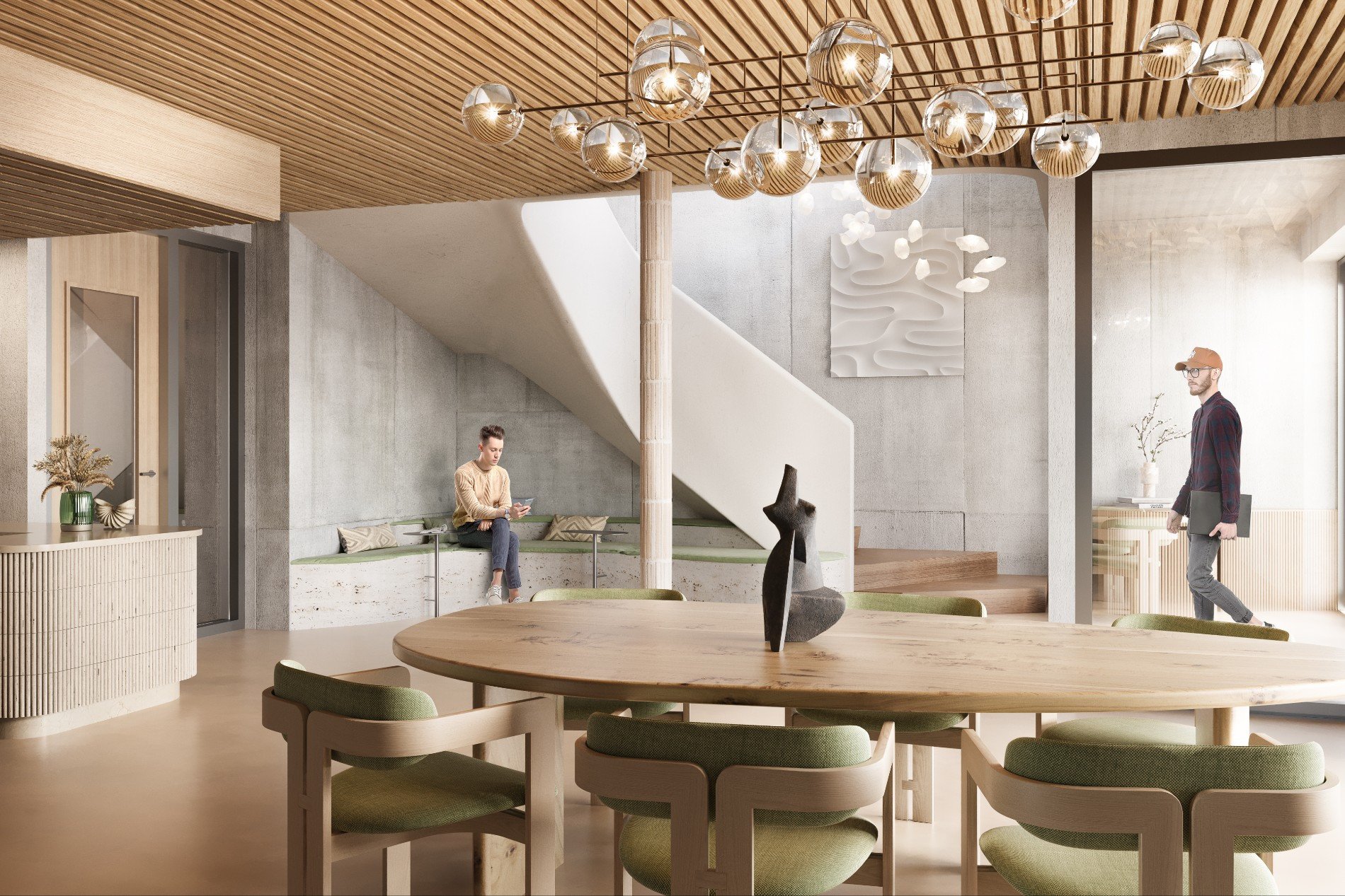 Modern en warm interieur van Elements Terschelling met houten plafond, designverlichting en een ronde eettafel. Gasten ontspannen in de stijlvolle lobby met natuurlijke materialen en kunstobjecten.