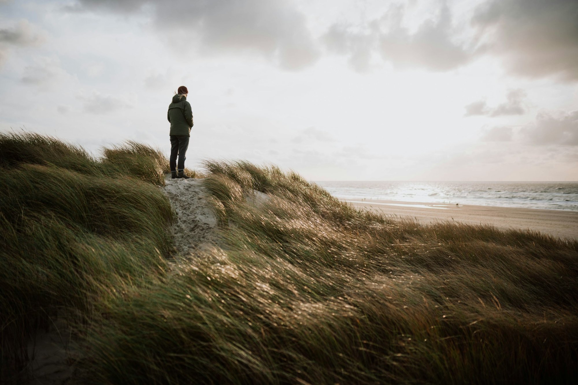 Persoon in een groene jas staat alleen op een duin met helmgras op Terschelling en kijkt uit over het strand en de zee.